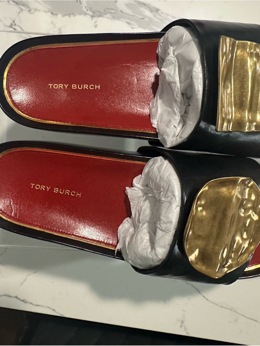 Tory Burch Black Slide Sandals with Gold Plaques and Red Insoles Size 10.5 - Picture 2 of 9